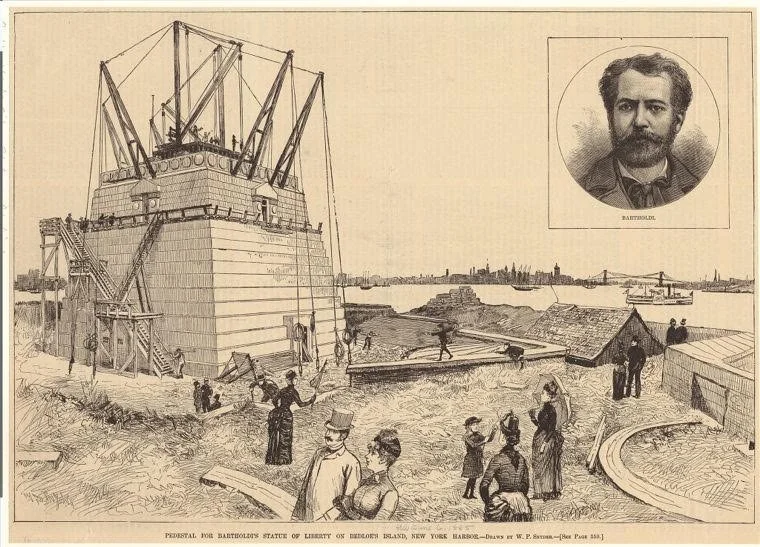 Construction of the Statue of Liberty pedestal in New York Harbor, showing concrete interior walls and granite block facing.