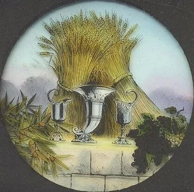Surreal illustration of a chalice with golden corn-like fibers rising, shown alongside corn wine and oil imagery (Flickr).