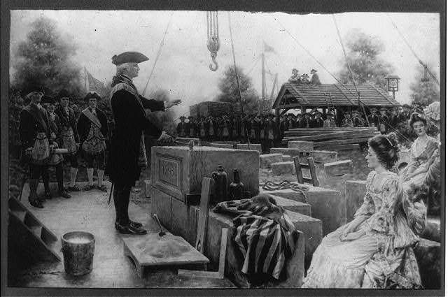Photographic reproduction of a painting showing George Washington laying the cornerstone of the U.S. Capitol, with gavel and cornerstone marked “1793,” depicting the cornerstone-laying ceremony (Clyde DeLand, Library of Congress).