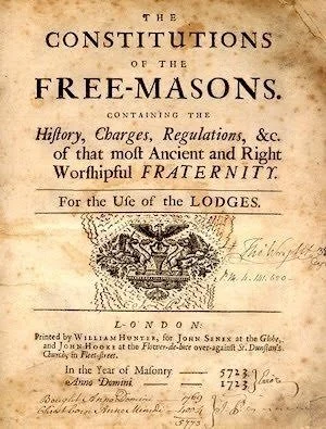 John Pine’s 1723 Masonic frontispiece showing Montagu presenting the Constitutions and compasses to Wharton.