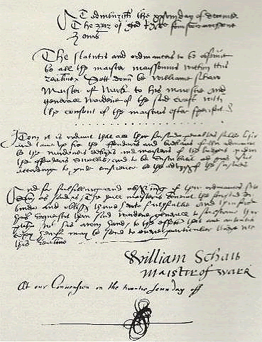 Manuscript page of the First Schaw Statutes of 1598, regulating the organization and conduct of Scottish masons.