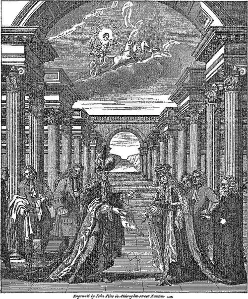 John Pine’s frontispiece to Anderson’s 1723 Constitutions, showing Montagu presenting the scroll and compasses to Wharton.