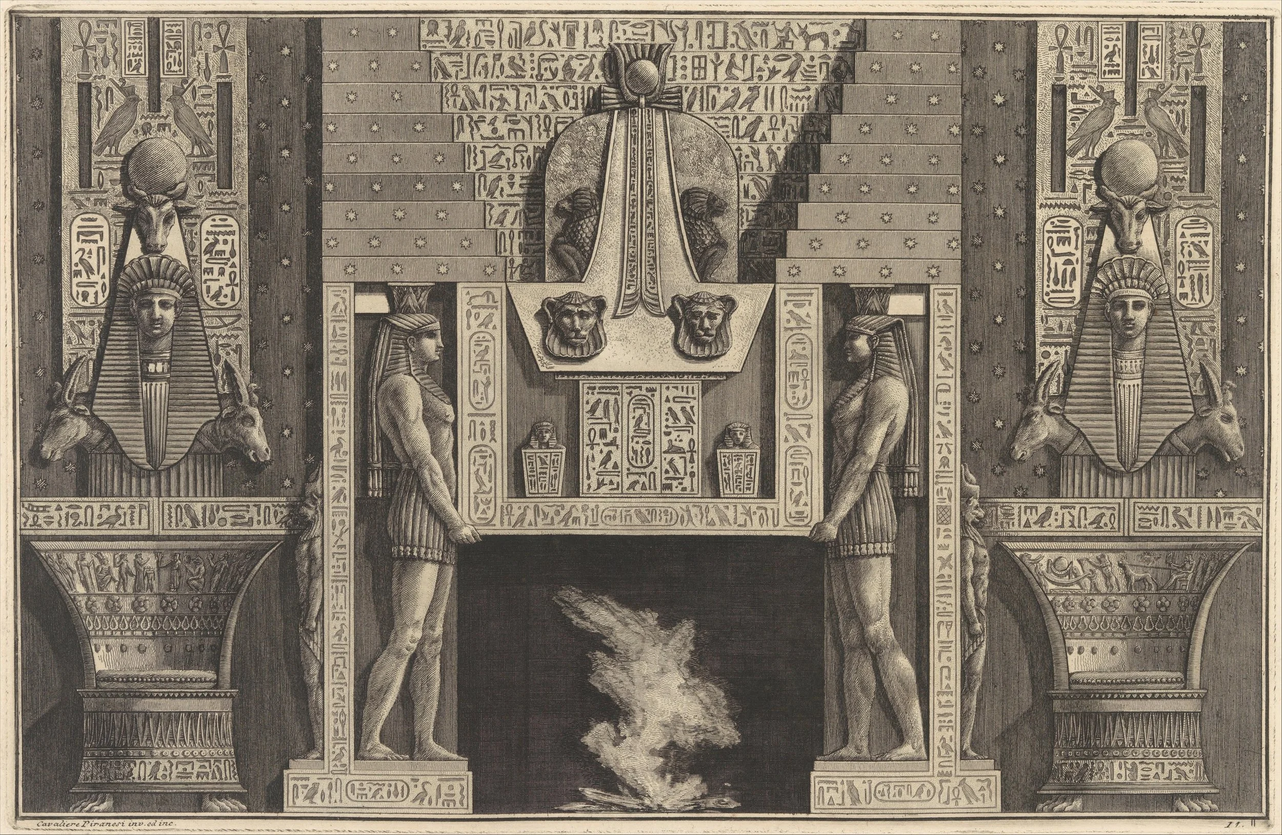 Piranesi’s 1769 etching of an Egyptian-style chimneypiece, with giant figures supporting the lintel and chairs on either side.