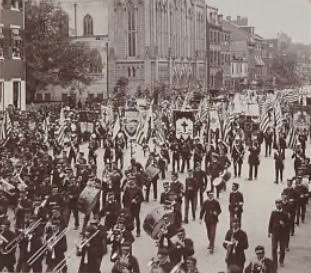 Massed banners in a parade at the Knights Templar Conclave in Philadelphia, 1903.