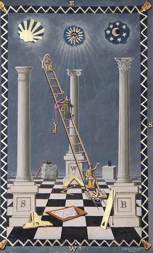 Historic Masonic tracing board with tools, pillars, and architectural symbols.
