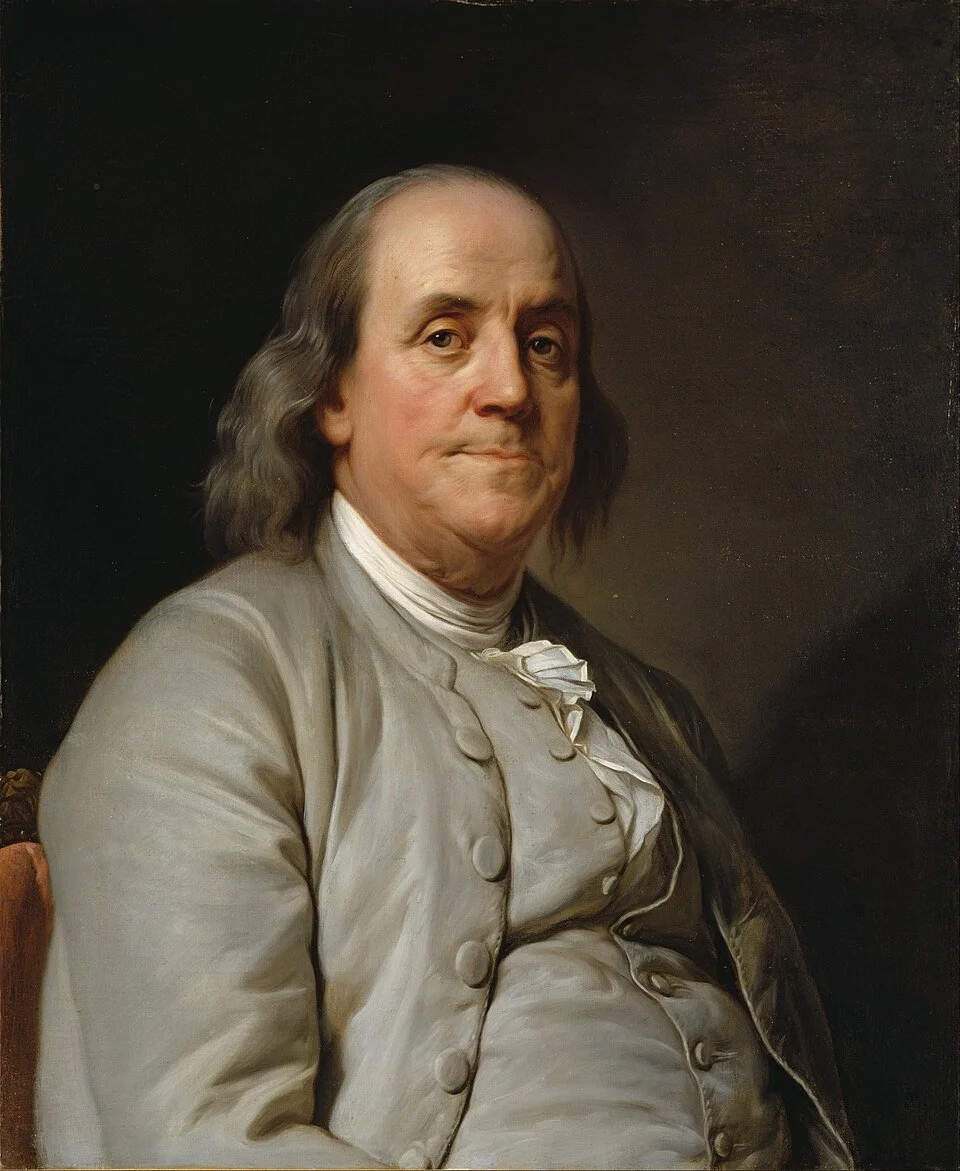 Oil portrait of Benjamin Franklin in a fur-lined coat and spectacles, after Joseph-Siffred Duplessis, National Portrait Gallery, London.