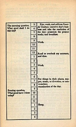 Benjamin Franklin's handwritten daily schedule, showing his planned hours for work, meals, and reflection.
