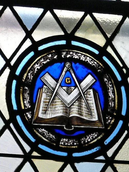 Stained Glass Windows With Square, Compasses & Bible