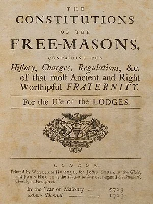 Frontispiece and title page of James Anderson’s 1723 Anderson’s Constitutions