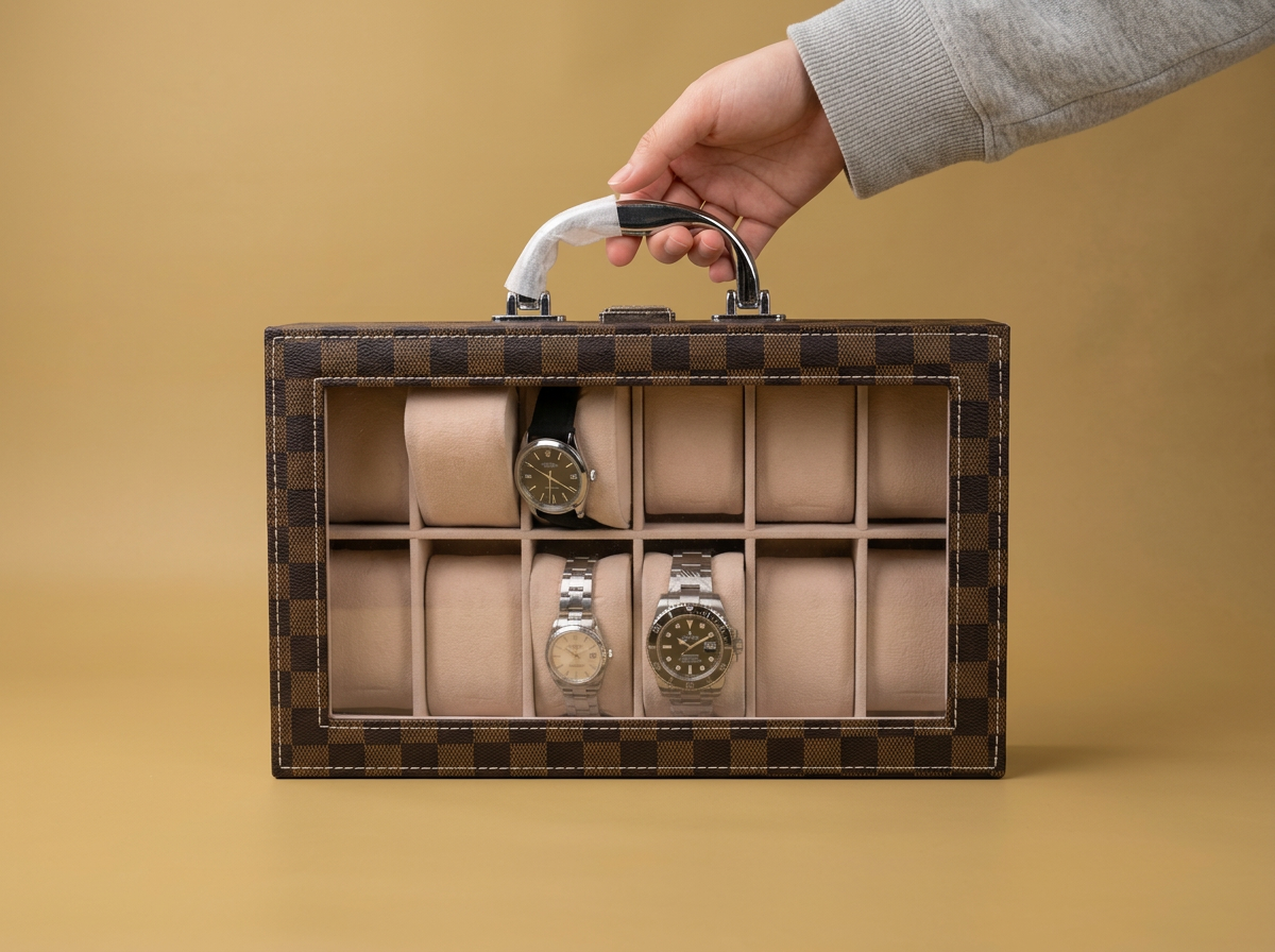 A hand with a gray sleeve holding a brown checkered watch case containing three watches, with the top watch visible and two watches in the lower compartments.
