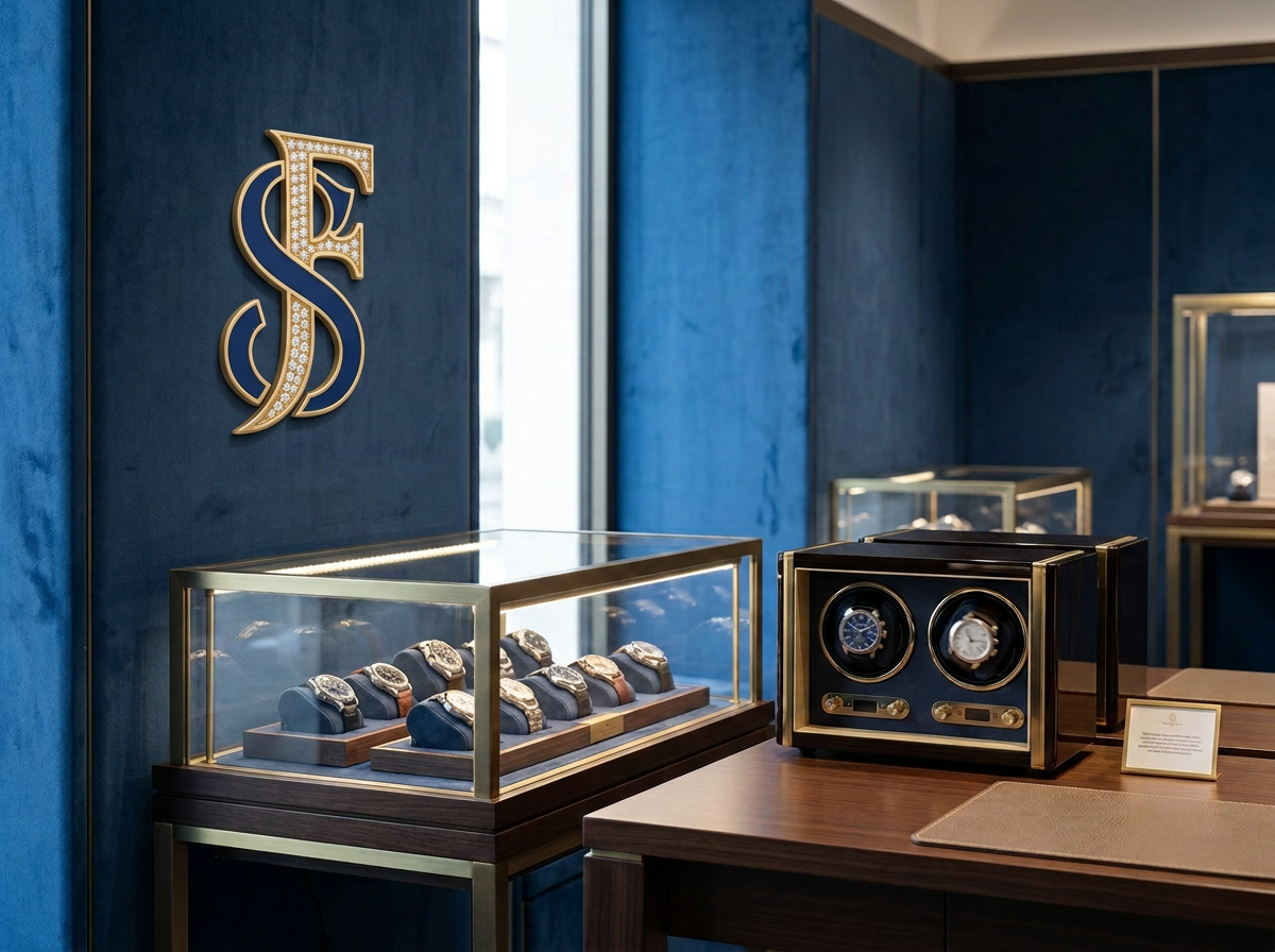 Display of luxury watches in glass cases inside a store with dark blue walls and a gold decorative sign featuring intertwined initials.