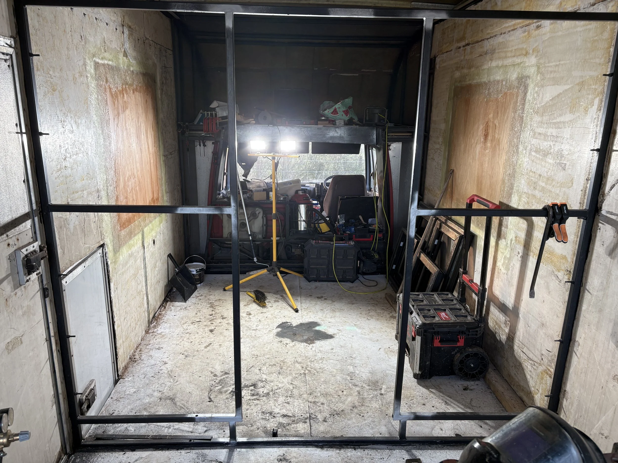 Moved doorway in horsebox to be converted into an Airbnb.