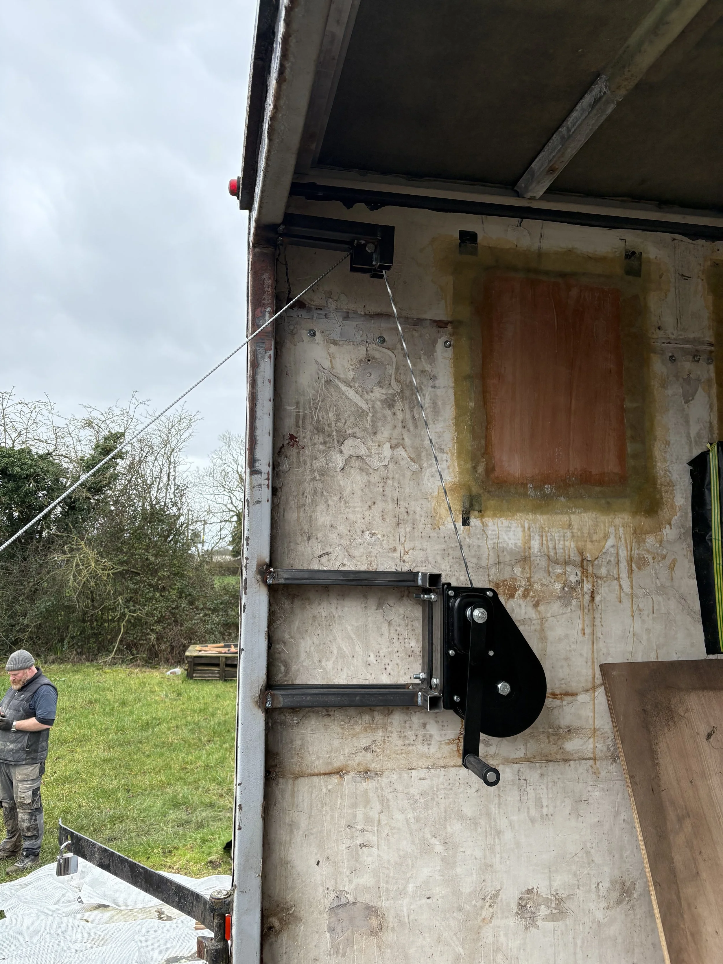Winch fitted to horsebox so that the door can be easily lifted and lowered, for an Airbnb.