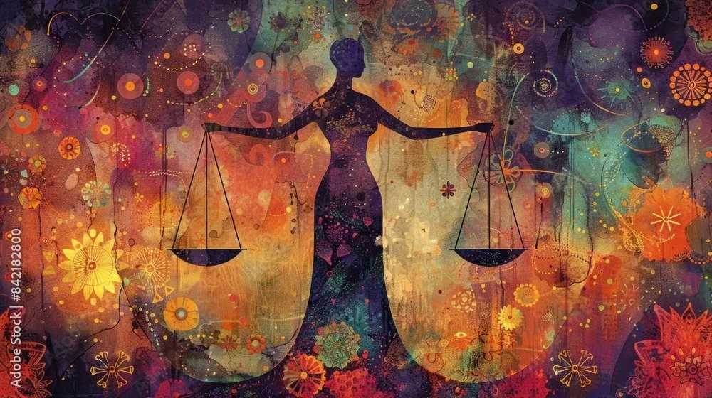 Abstract artwork of a cityscape with a large silhouette of a woman holding scales, surrounded by colorful floral and spiral patterns.