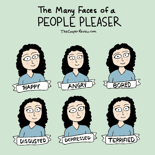 A cartoon illustration showing a woman with curly hair displaying six different facial expressions: happy, angry, bored, disgusted, depressed, and terrified, each labeled with text.