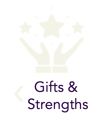 Illustration of hands holding stars and sparkles with the text "Gifts & Strengths" underneath.
