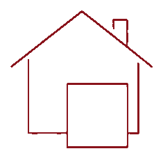 Een eenvoudige lijntekening van een huis met een grote poort of deur in de voorkant.