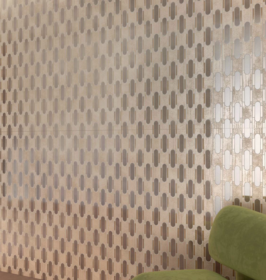 De afbeelding toont een muur met een patroon van verticalen en horizontale uitsparingen in een beige kleur, en een groene stoel op de rechteronderhoek.