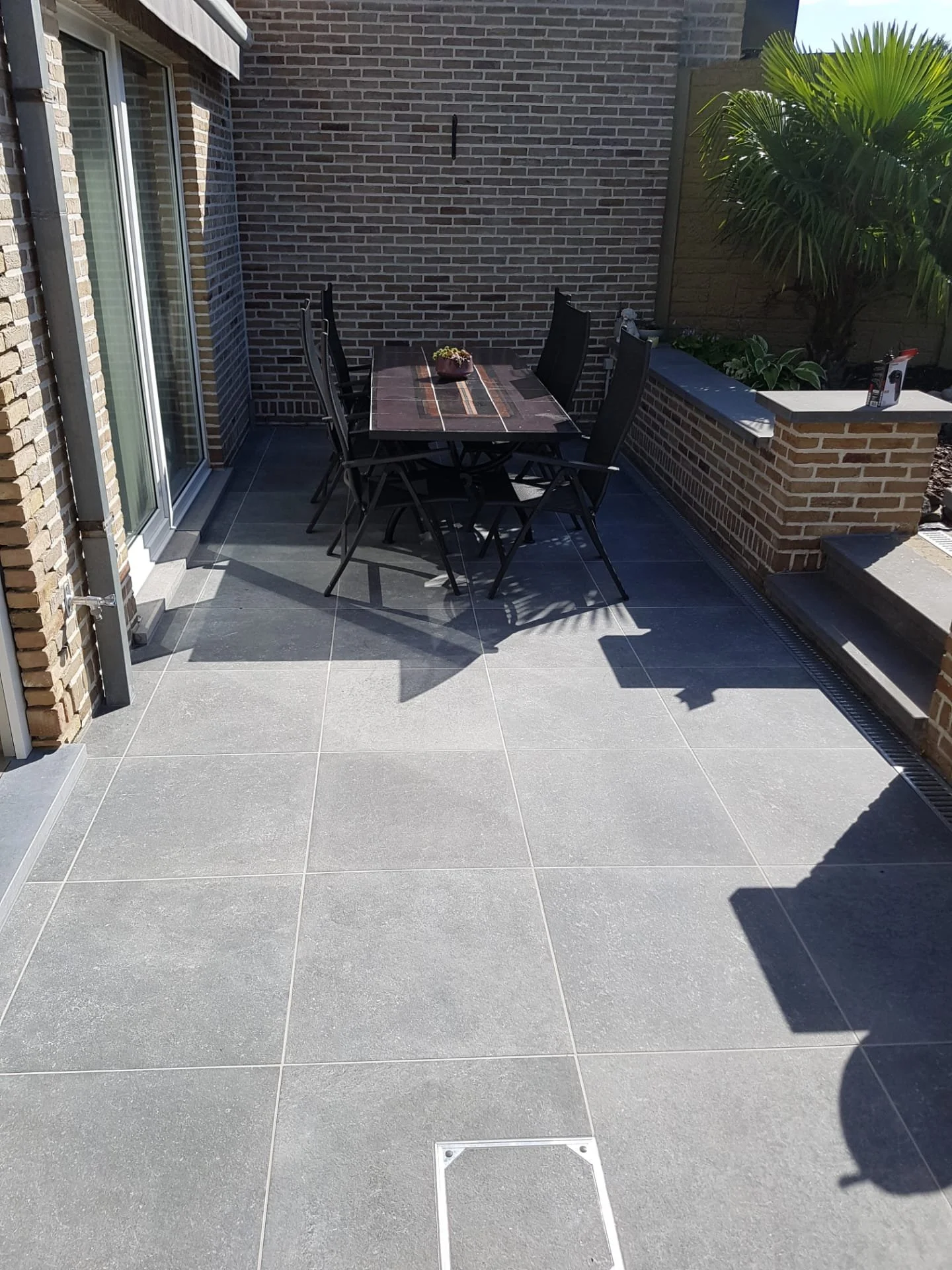 Een patio met grote grijze tegels, een houten tafel met zes zwarte stoelen, een plantenbak met een plant, en een muur met bakstenen. Er is ook een grote groene palm aan de rechterkant.