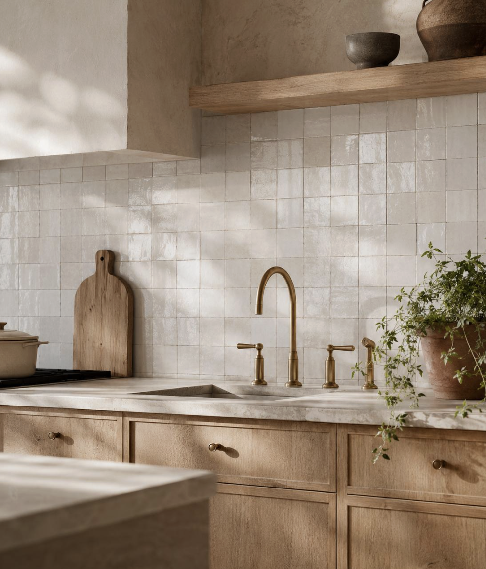Een landelijke keuken met houten kasten en crème-kleurige tegels, een gootsteen met een goudkleurige kraan, een houten snijplank, een pot met een groene plant, en decoratieve vazen op een houten plank.
