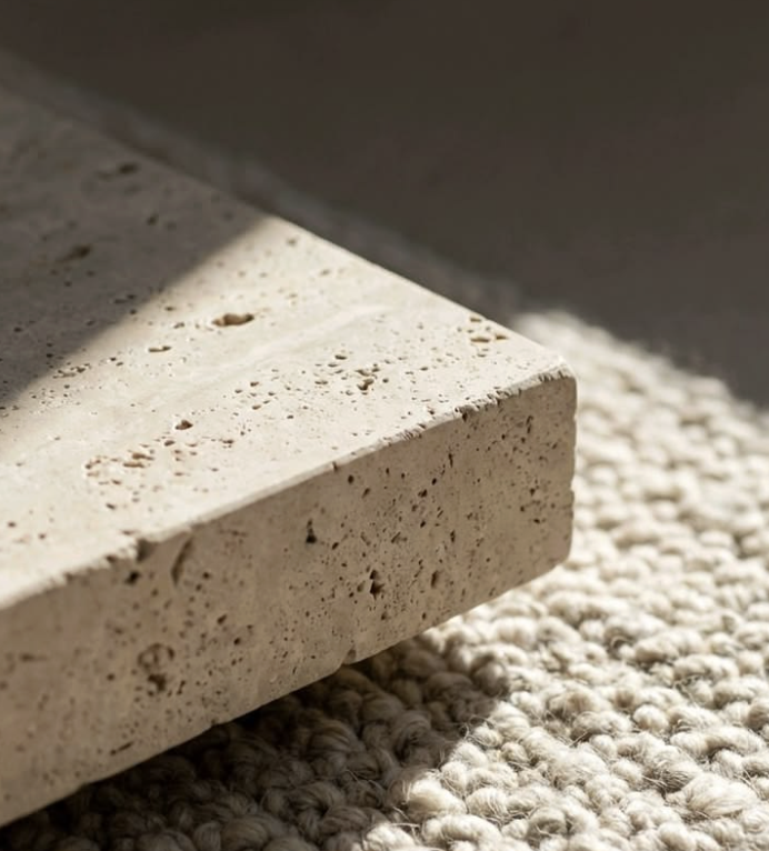 Close-up van een hoek van een wit stenen blok op een geknoopte jute tapijt.