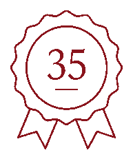 Een onderscheidingsteken met het cijfer 35 in het midden, omgeven door een gestileerde rand en twee linten onderaan.