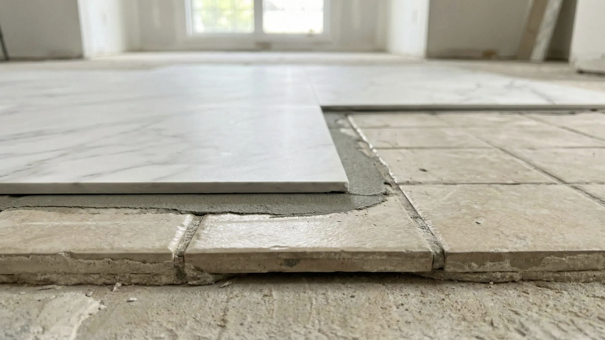 Binnenkant van een gebouw in aanbouw, met cementtegelvloer en een groot raam aan de achtergrond. Op de vloer ligt een vlakke witte raamdaklaag, die wordt aangebracht, en tegellijm is zichtbaar onder de vloer.
