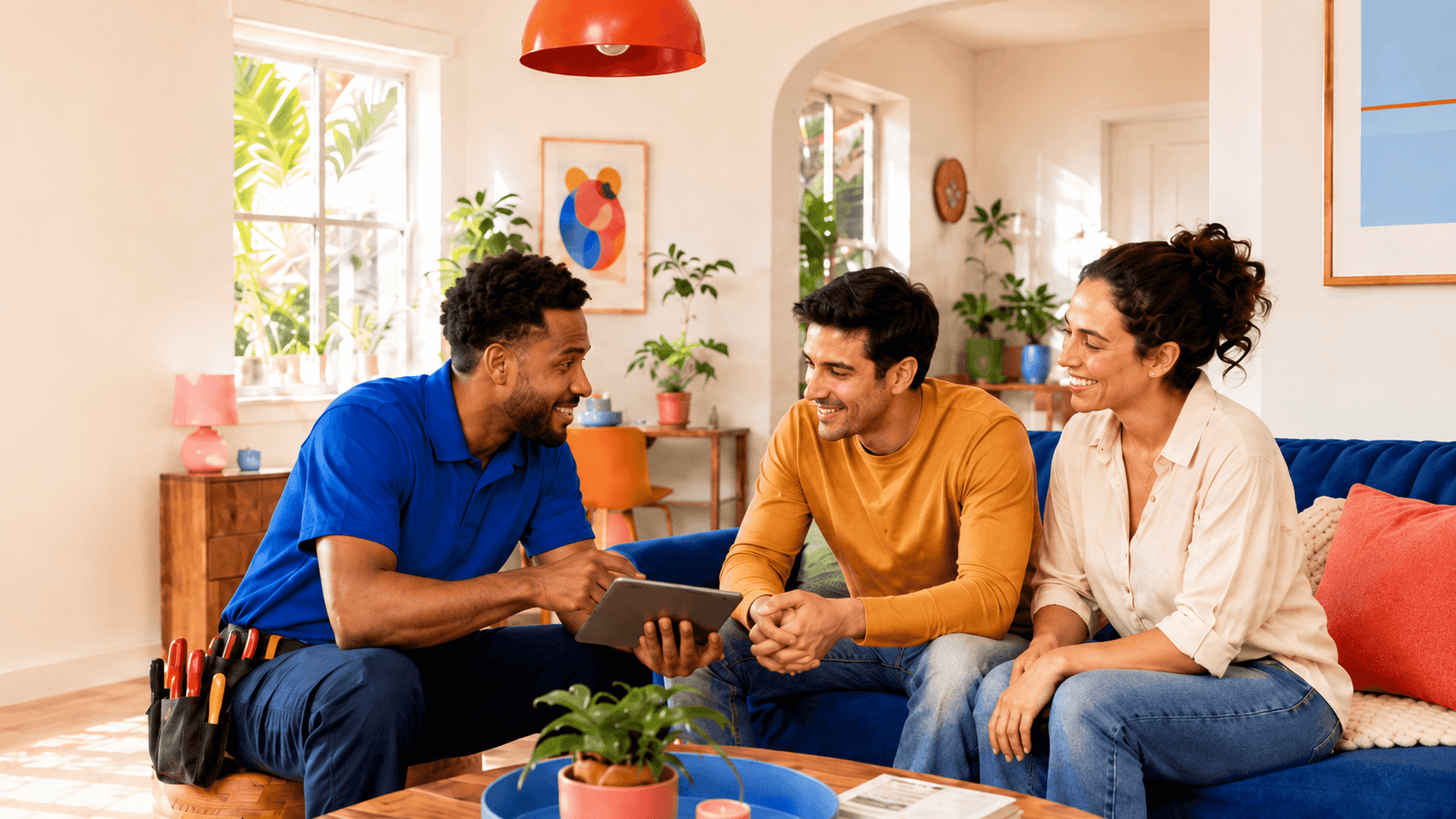 A local electrician showing a tablet to a couple sitting on a blue sofa in a bright living room with plants and colorful artwork.