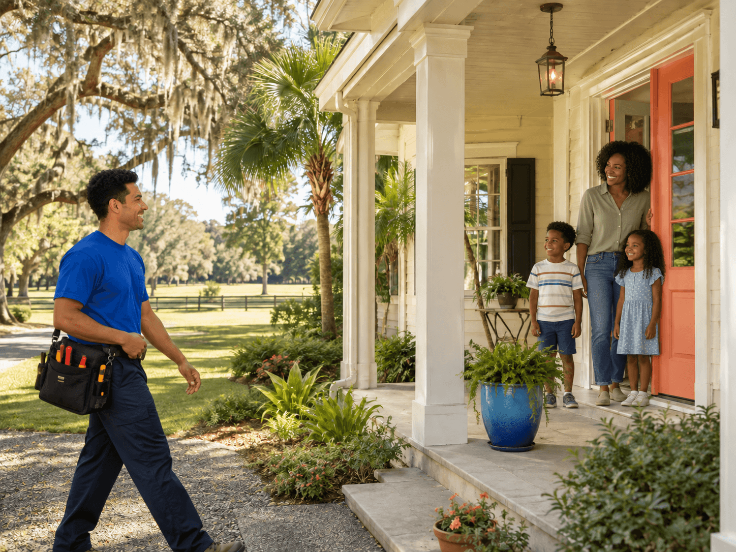 A delivery person in a blue shirt and dark pants carrying a tool bag with tools walks up to a house with a woman and two children standing in the doorway, smiling.
