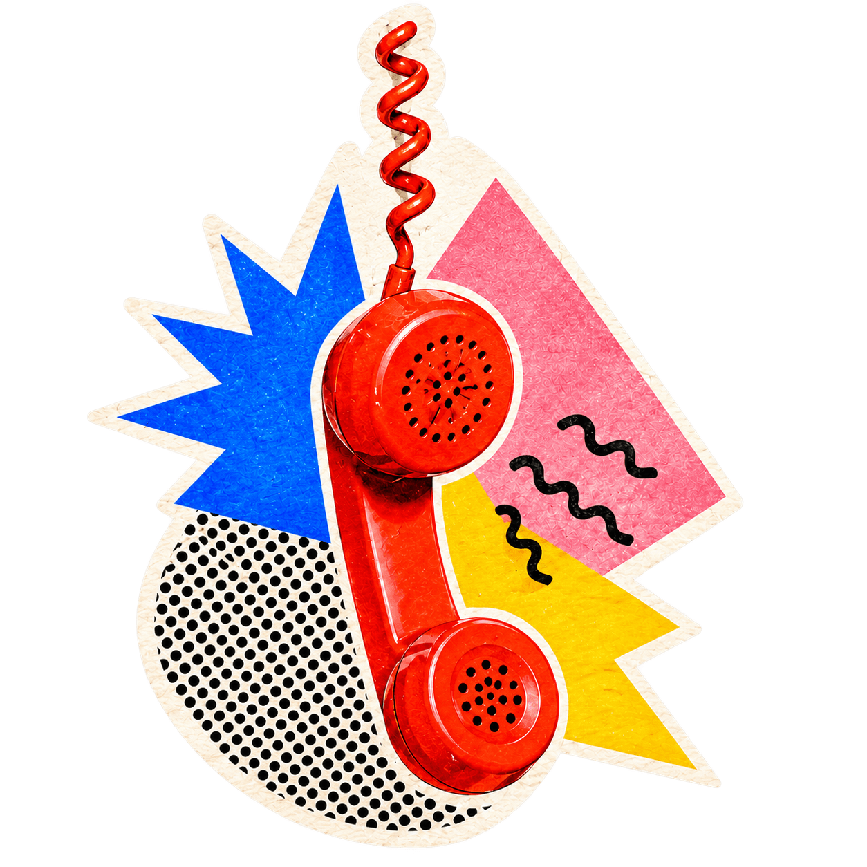 Red vintage phone receiver placed above abstract colorful graphic design with blue, pink, yellow, and black shapes and patterns.