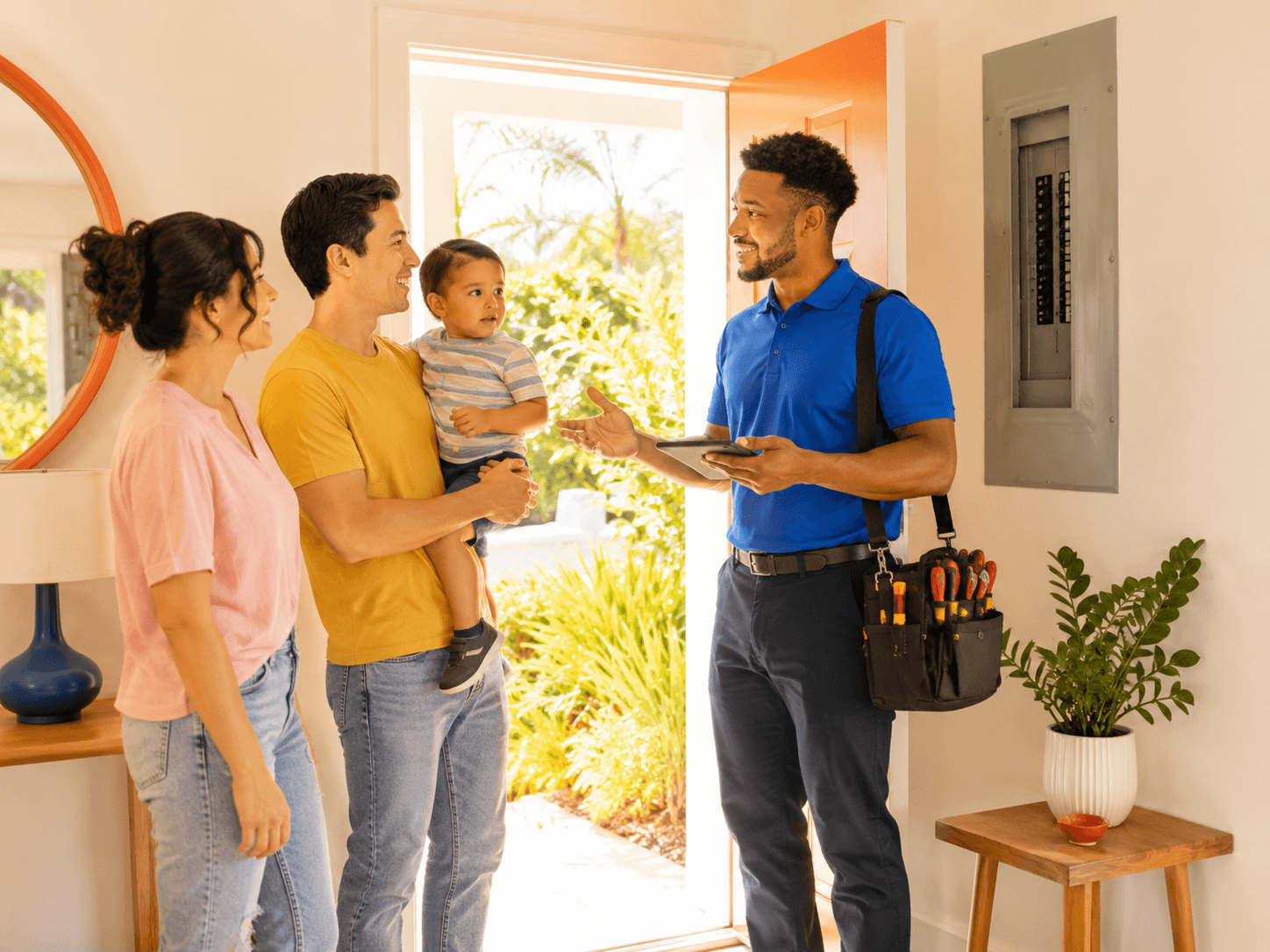 A family of three, including a woman, a man holding a young boy, is talking to an electrician at the front door of their home.
