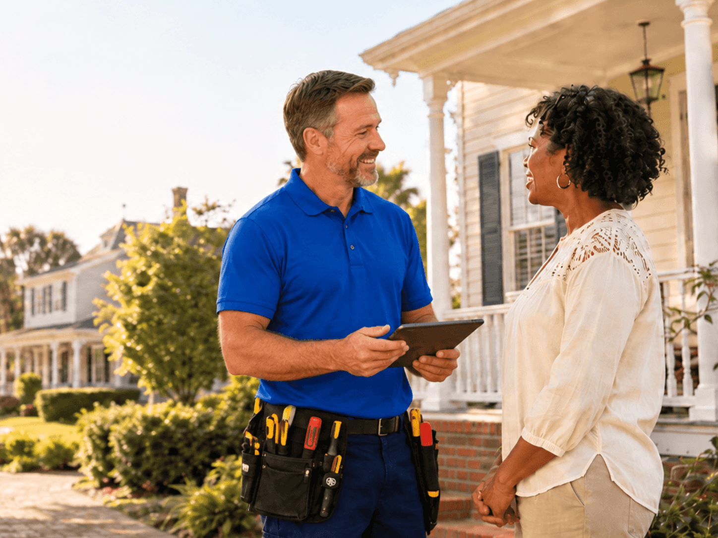 Electrician speaking with a homeowner outside her Mount Dora, Florida home.