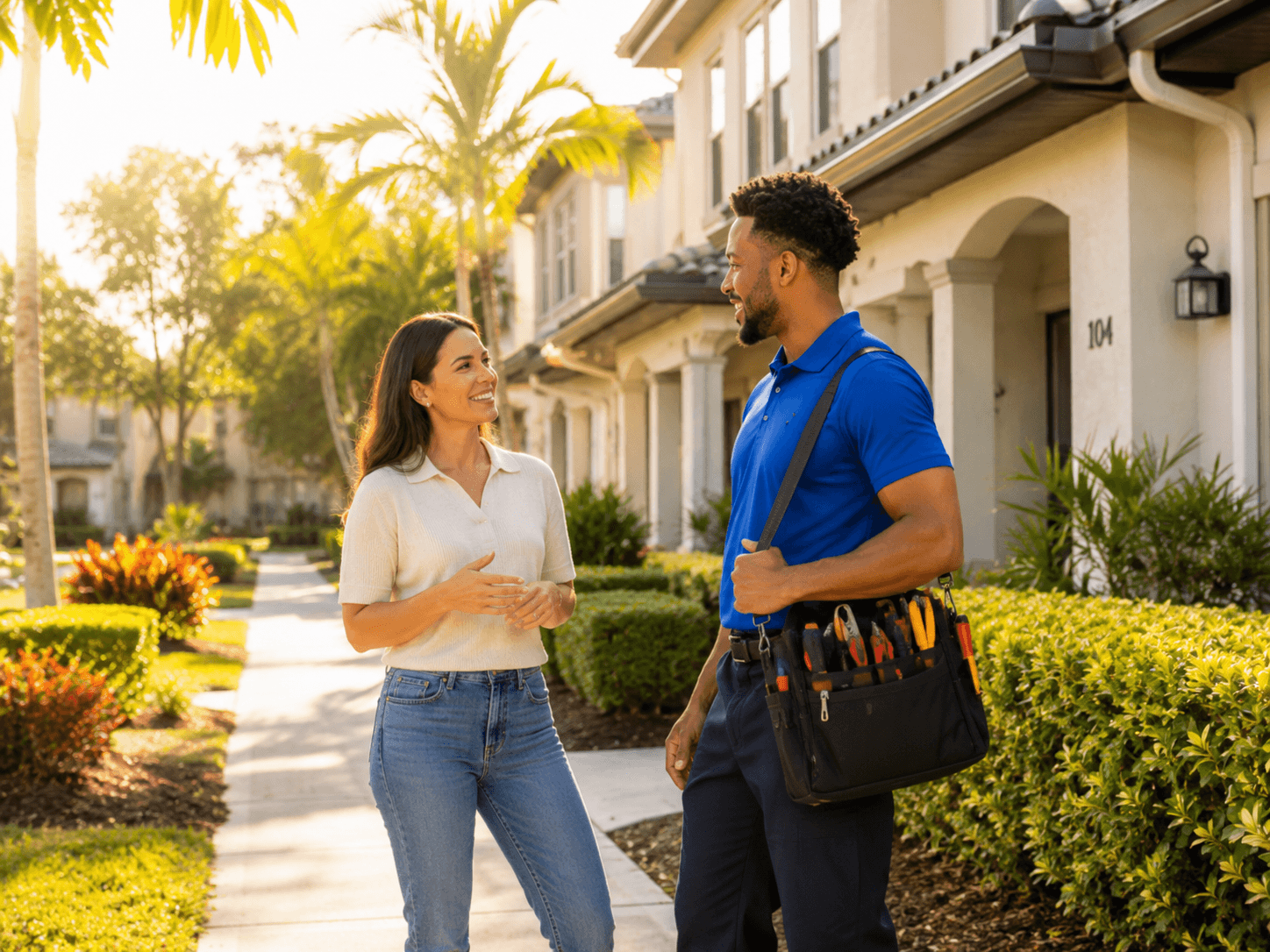 Right Now Electric technician talking with a property manager in the Mount Dora and Minneola service area.