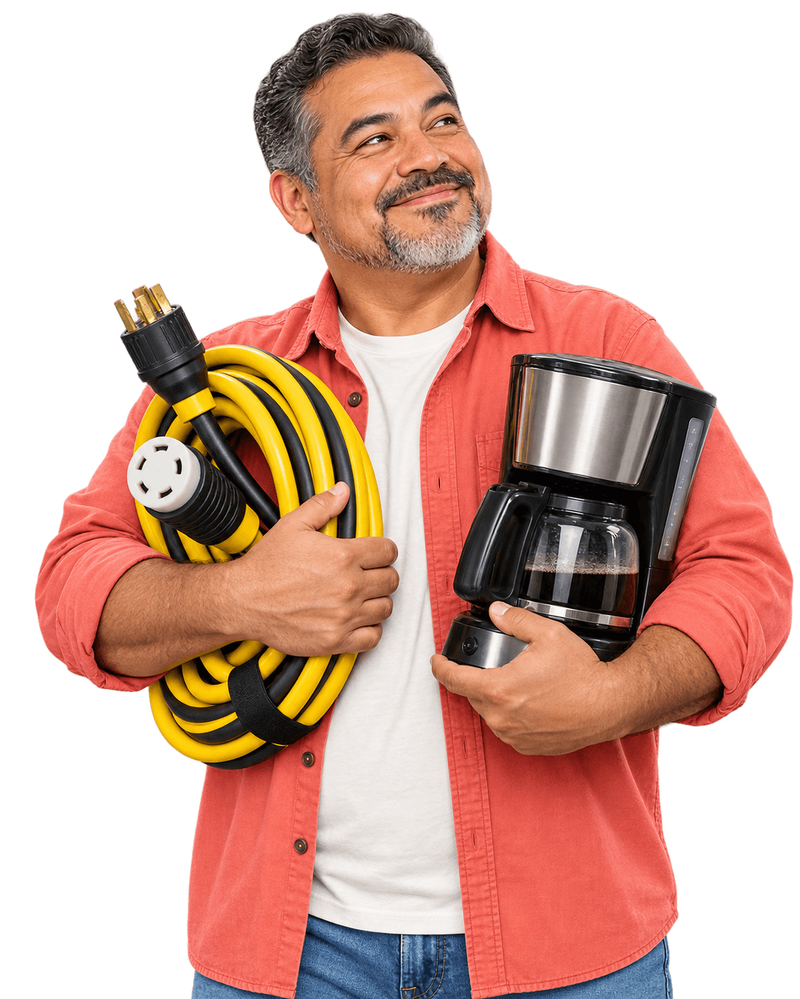 A man holding a coiled yellow extension cord in one arm and a coffee maker in the other, smiling and looking to the side.
