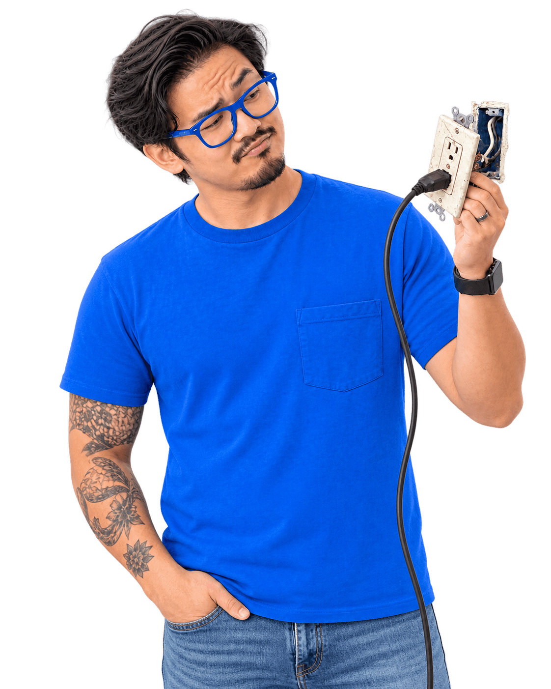 Homeowner inspecting a loose electrical outlet that needs repair or replacement