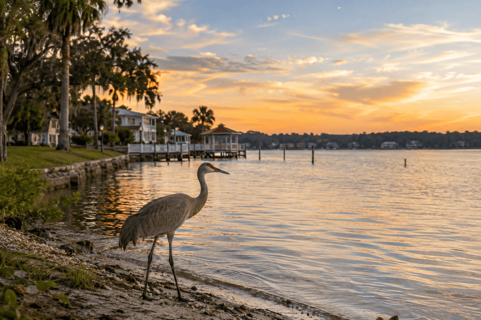 A heron standing on the rocky shoreline of a calm body of water at sunset, with houses and gazebos along the water's edge and a colorful sky in the background.