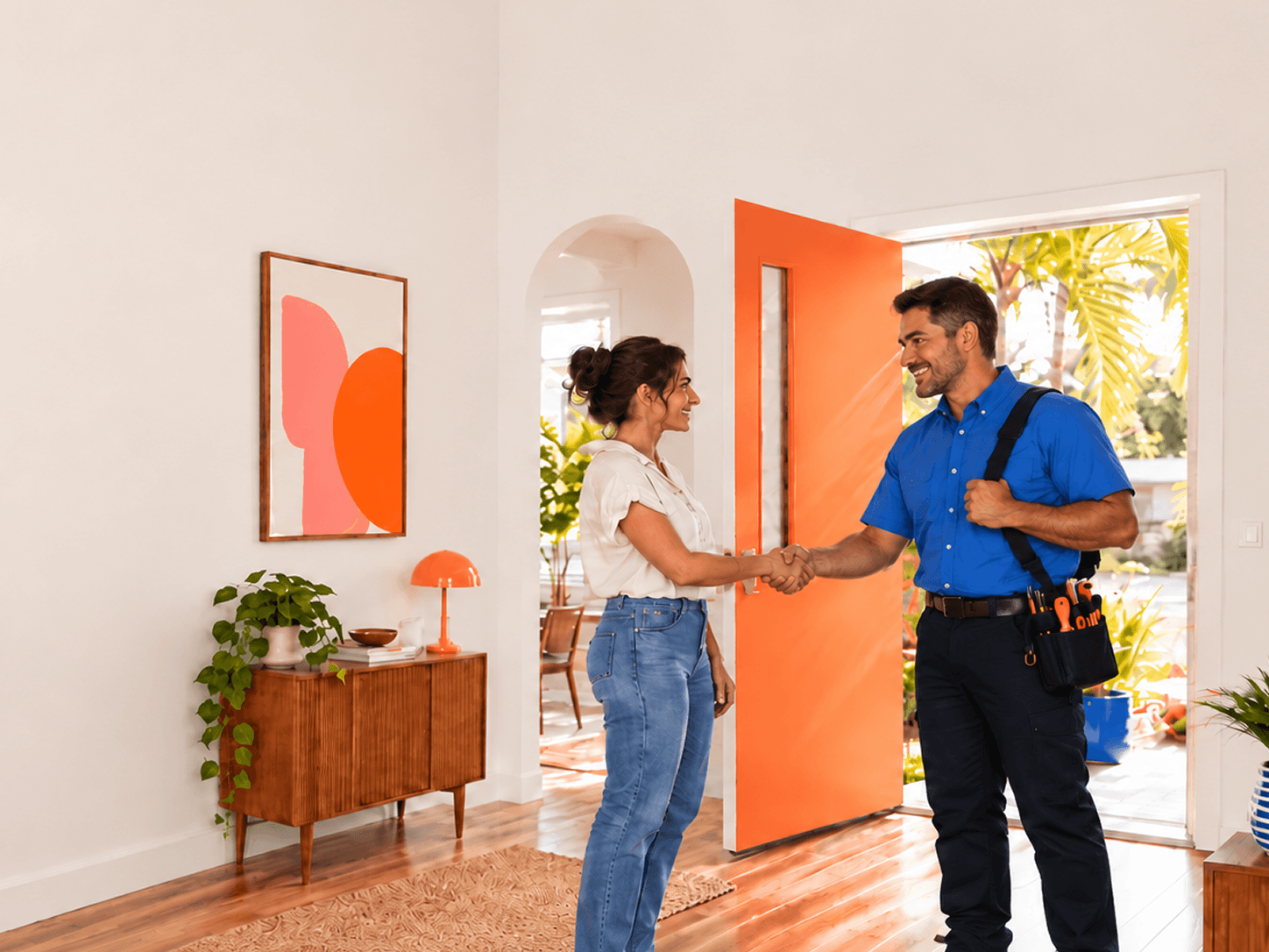 Residential electrician from Right Now Electric greeting a homeowner at her front door in Mount Dora and Minneola, Florida.