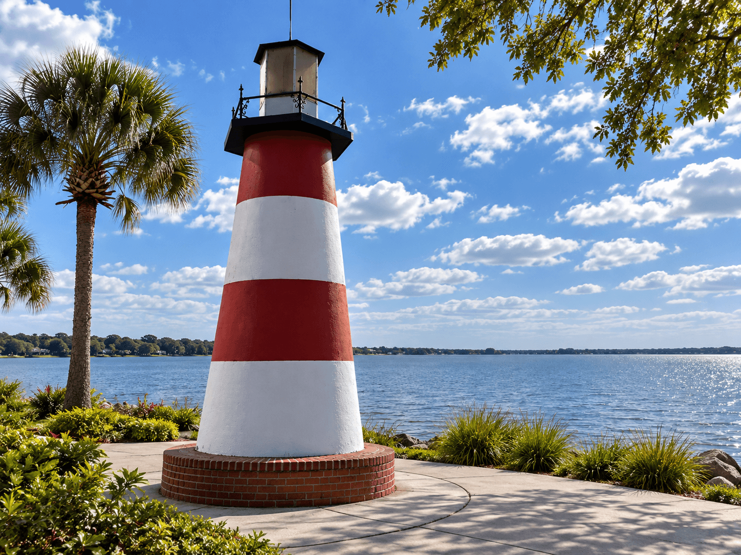 Mount Dora lighthouse at Grantham Point overlooking Lake Dora in Mount Dora, Florida.