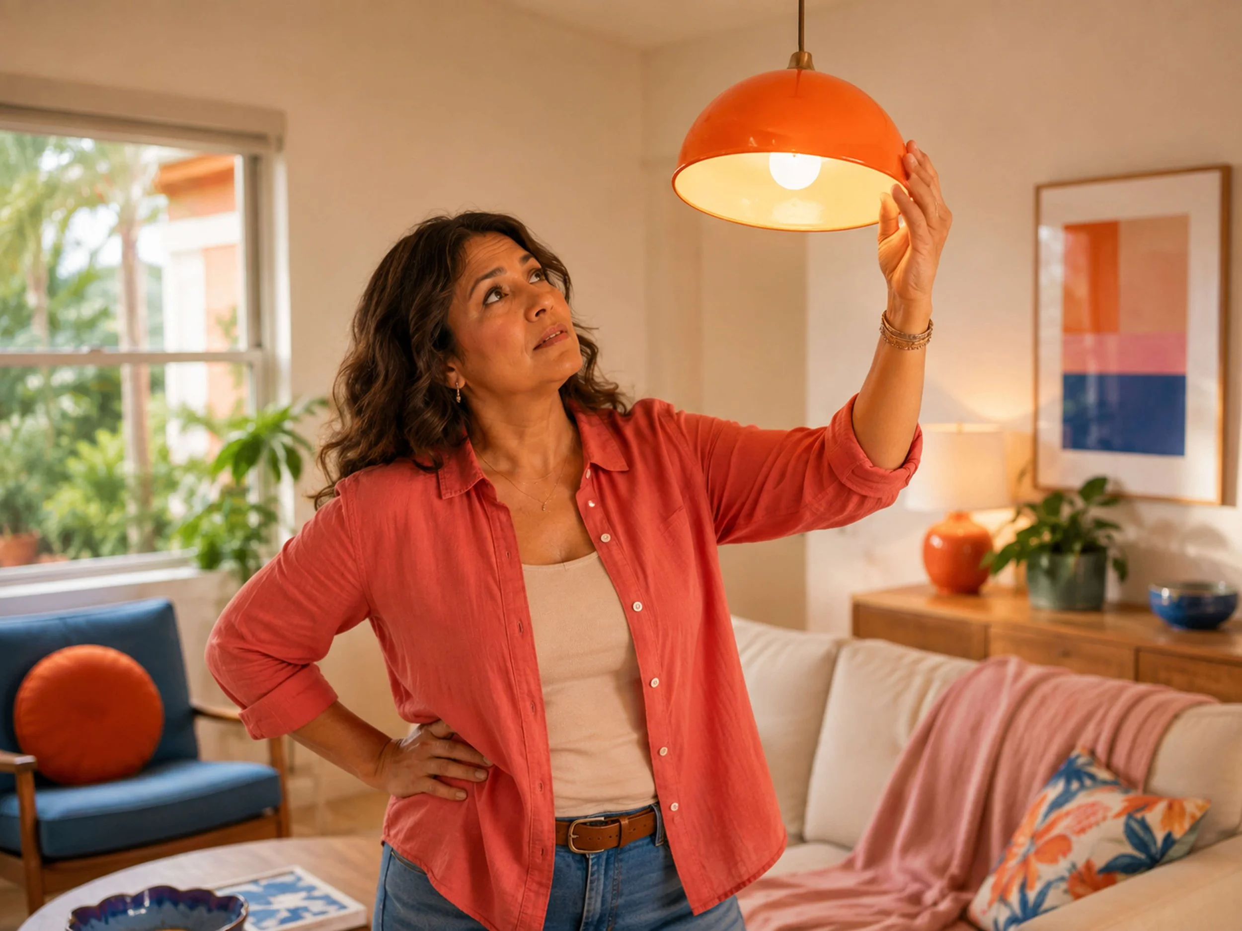 Woman looking at a flickering ceiling light glowing in a residential living room
