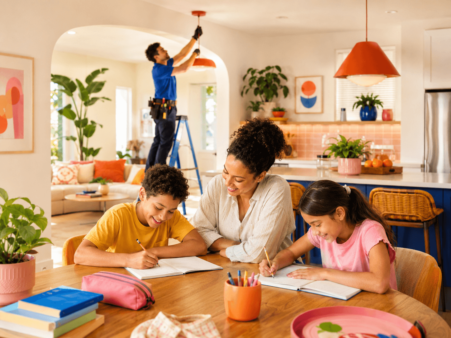 Residential electrician installing a light fixture while a family spends time together at home in Central Florida.