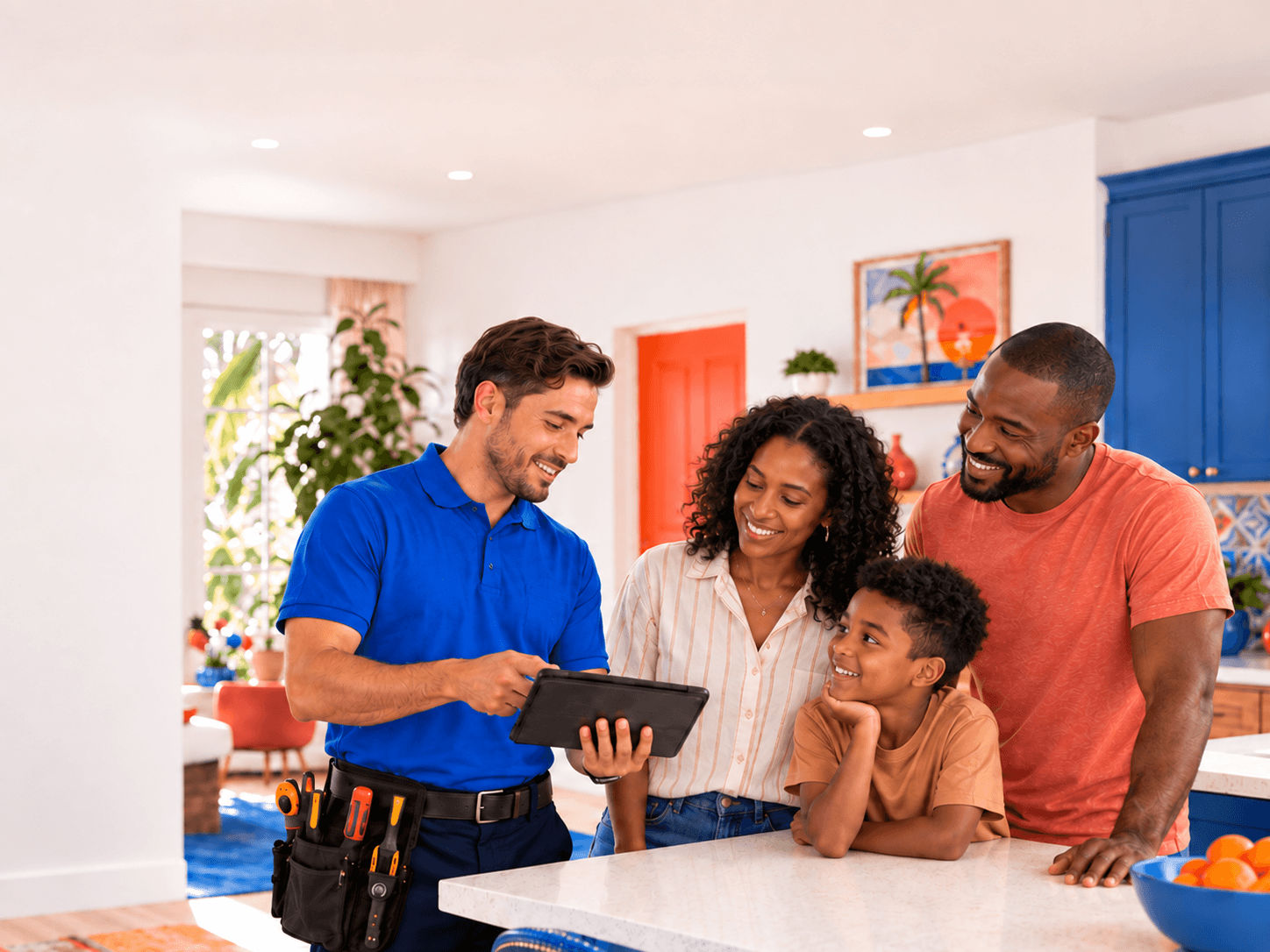 A couple, young boy, and a delivery person in a kitchen, smiling and looking at a tablet device.