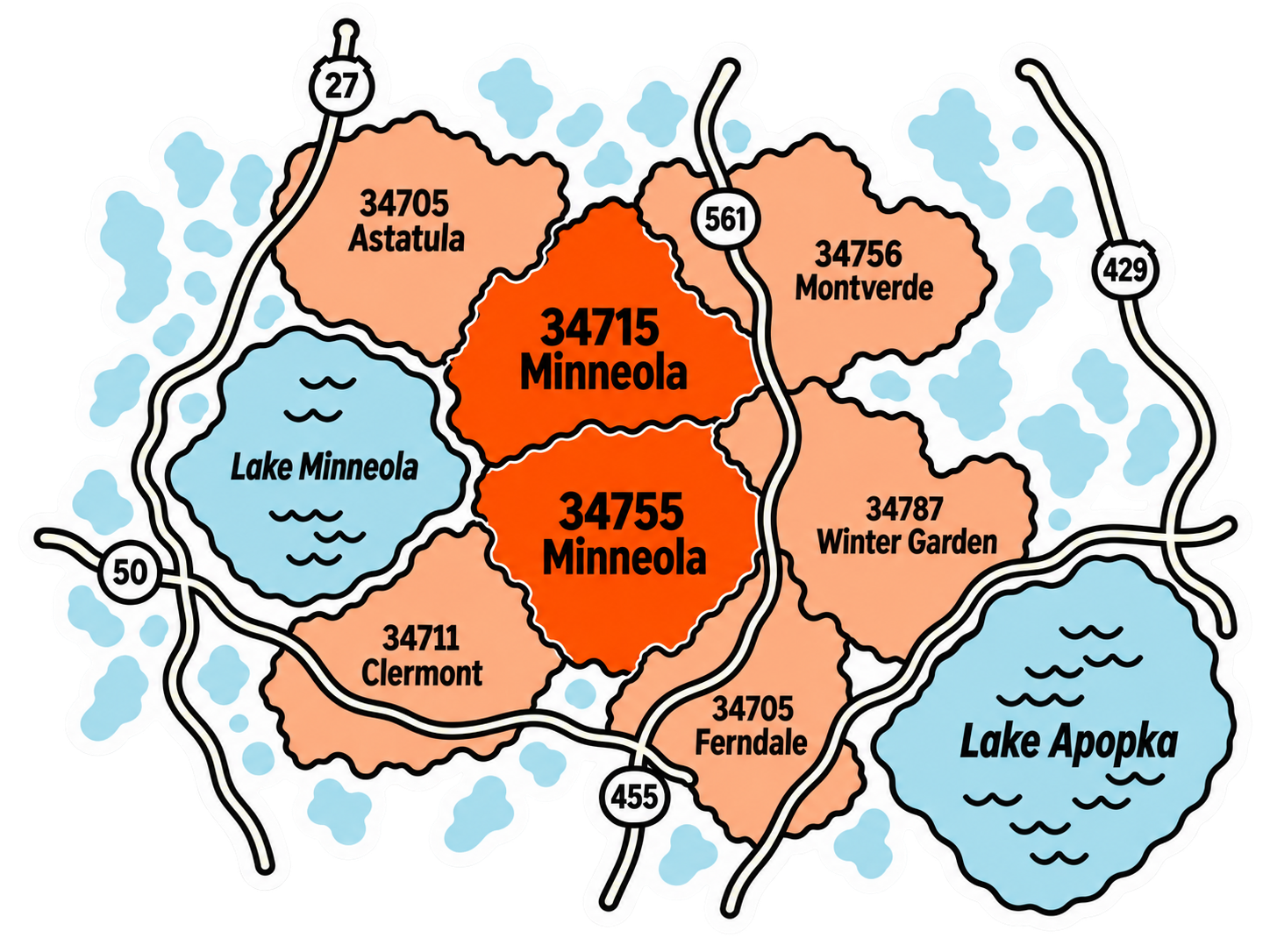 Map of Right Now Electric’s electrical service area around Minneola, Clermont, Montverde, Winter Garden and nearby communities.