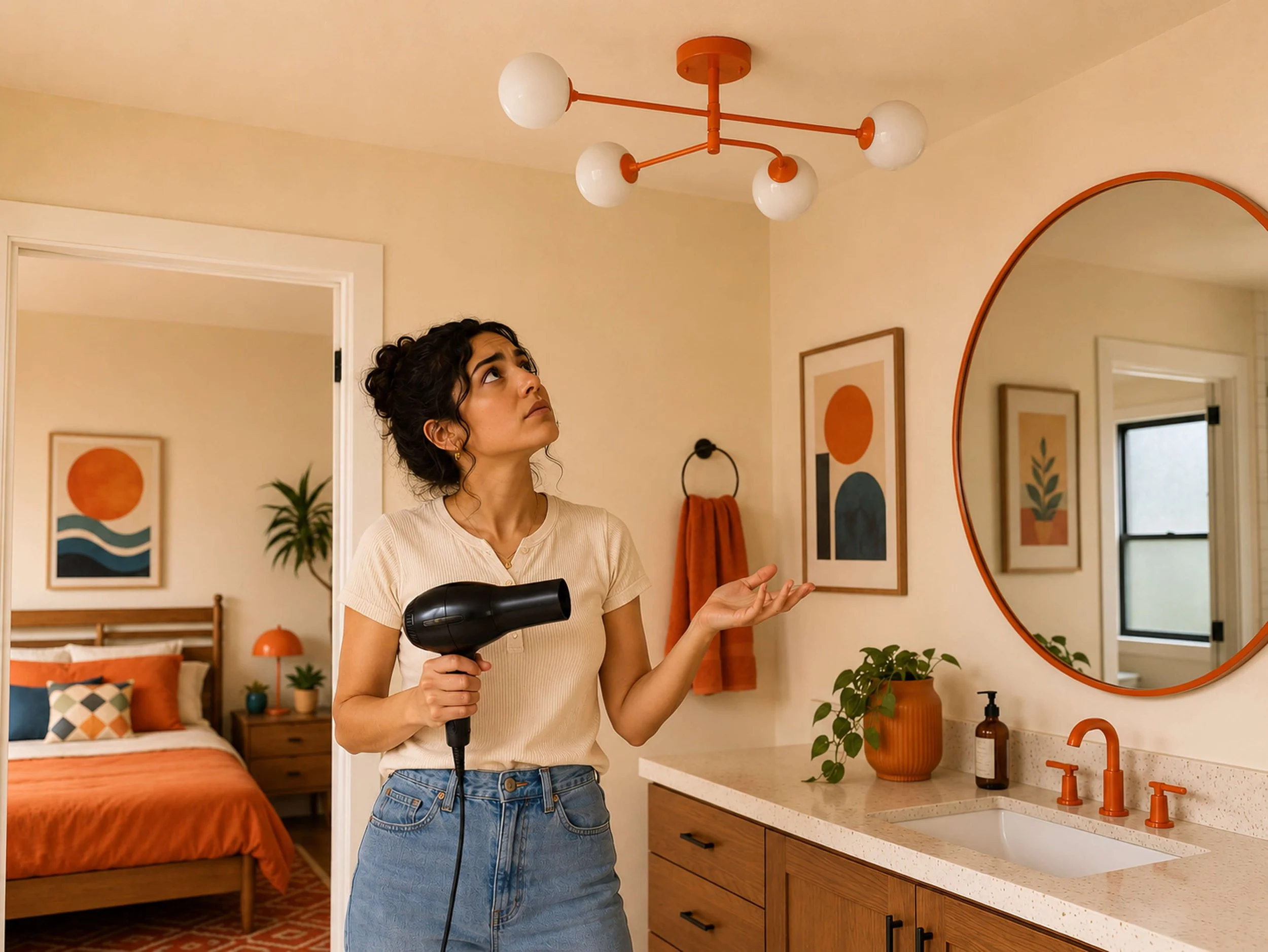 Woman in a bathroom standing with a hair dryer, the breaker has tripped, all of her lights are out.