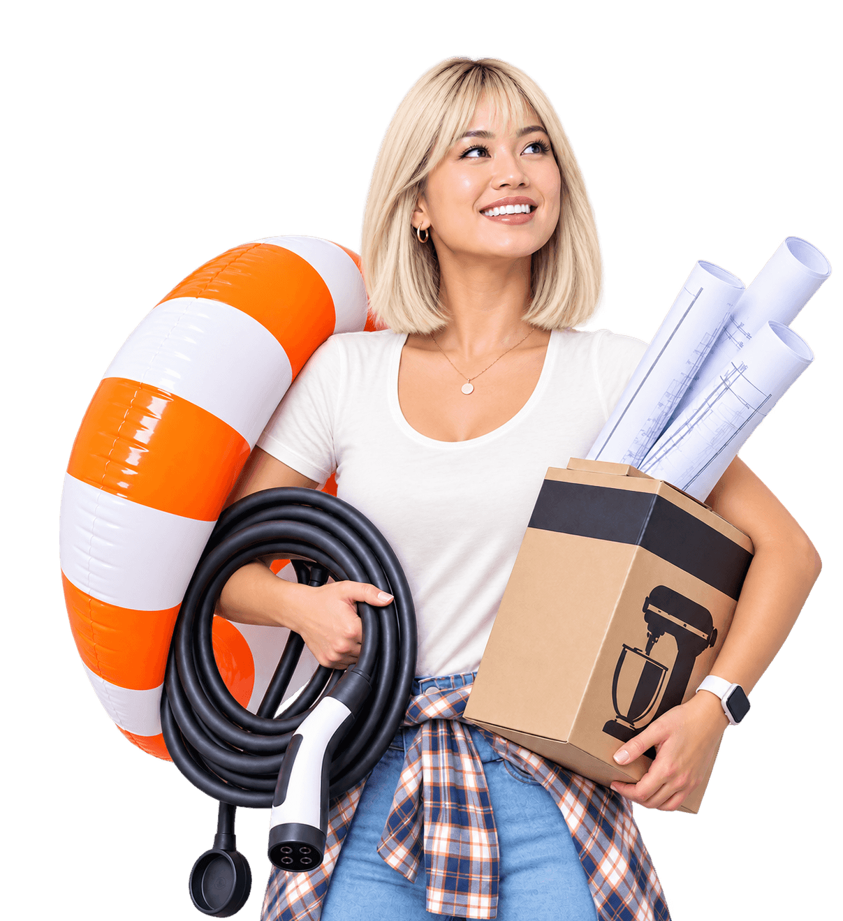 Young woman with blonde hair smiling, holding a coil of cable, a cardboard box with blueprint rolled papers, an orange and white life buoy, and a black power tool, dressed casually.