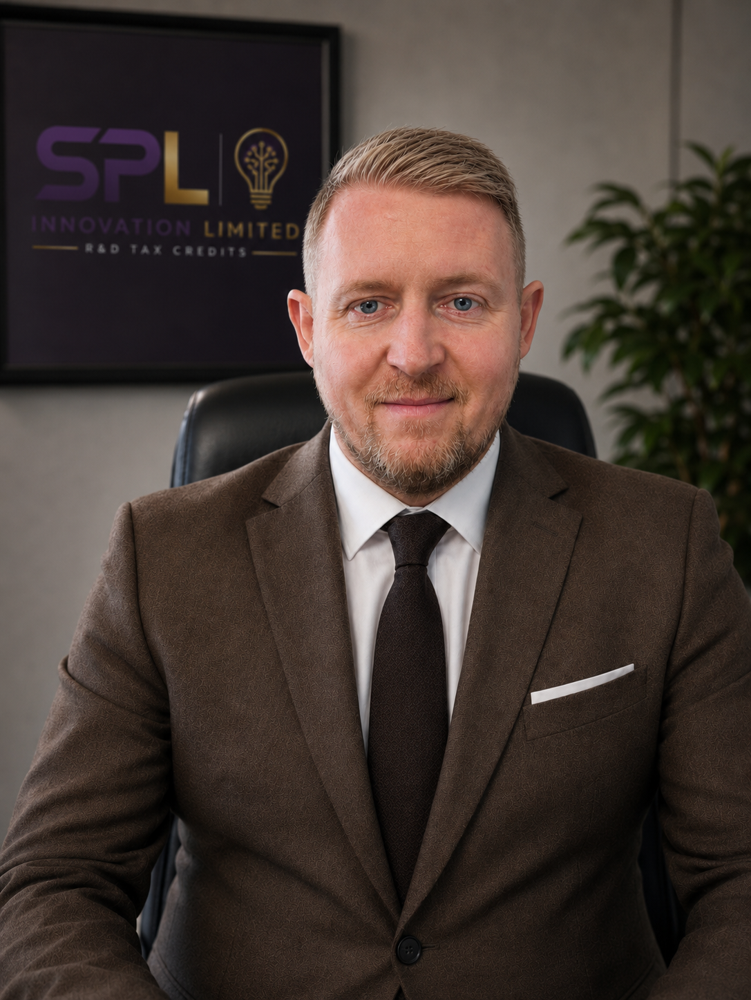 A man with blond hair and a beard, wearing a brown suit, white shirt, and brown tie, seated in an office with a large