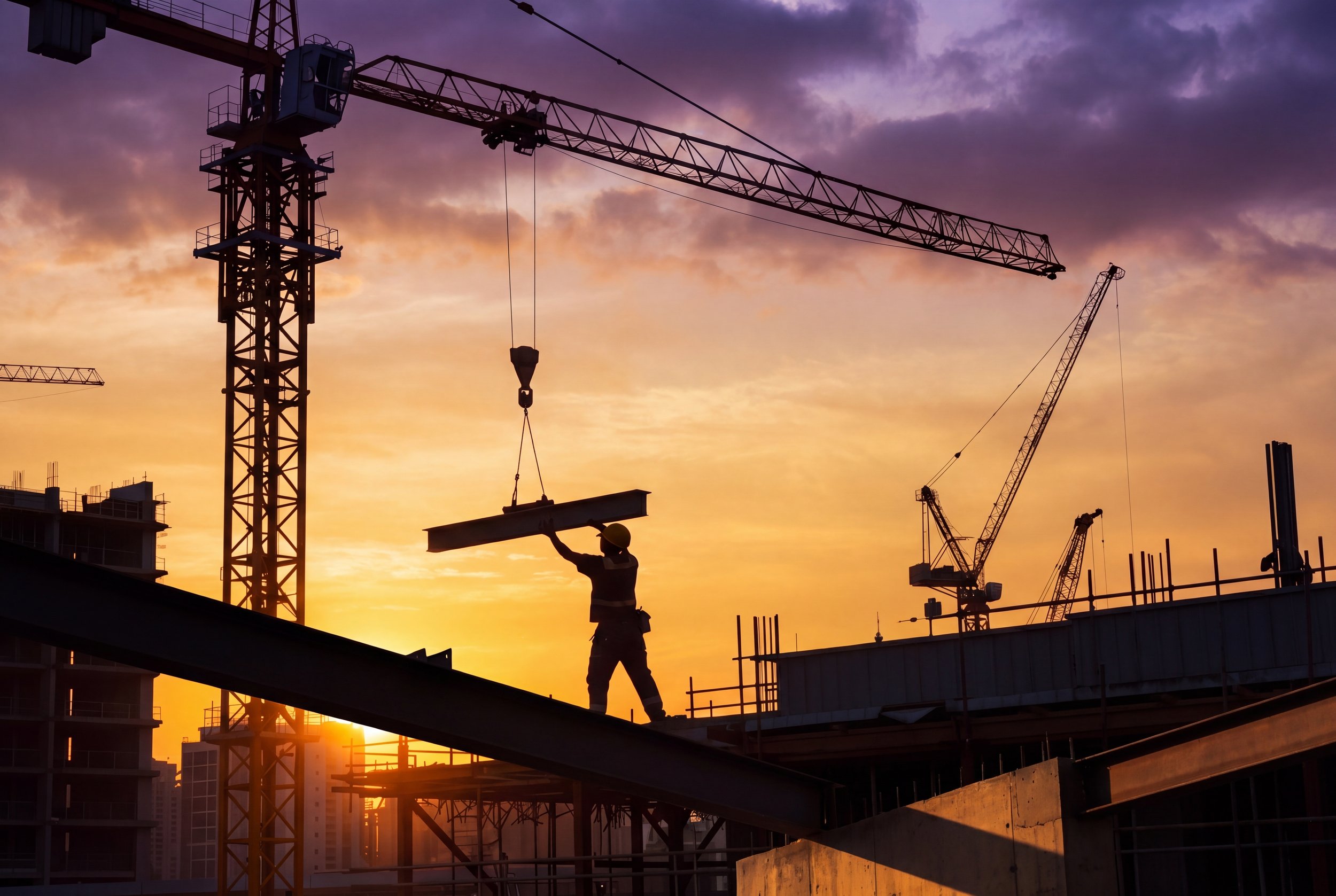 Construction worker wearing a yellow helmet lifting a steel beam at sunset with crane structures in the background.