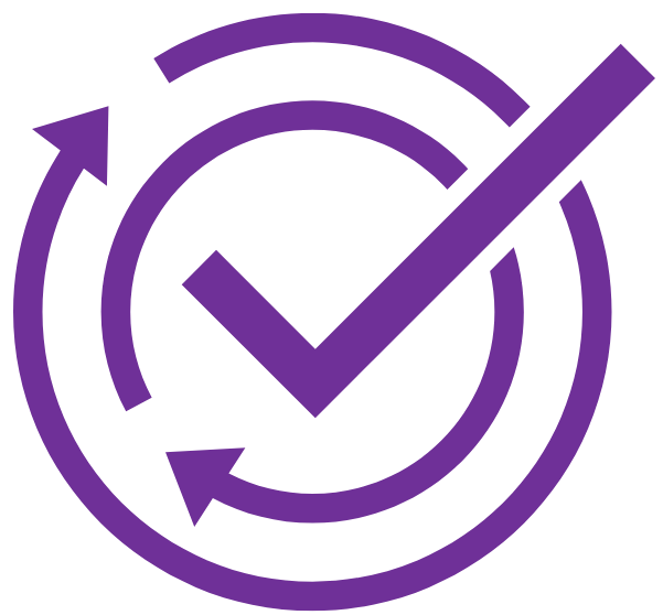 Purple checkmark inside a circular arrow, symbolizing approval or completion.