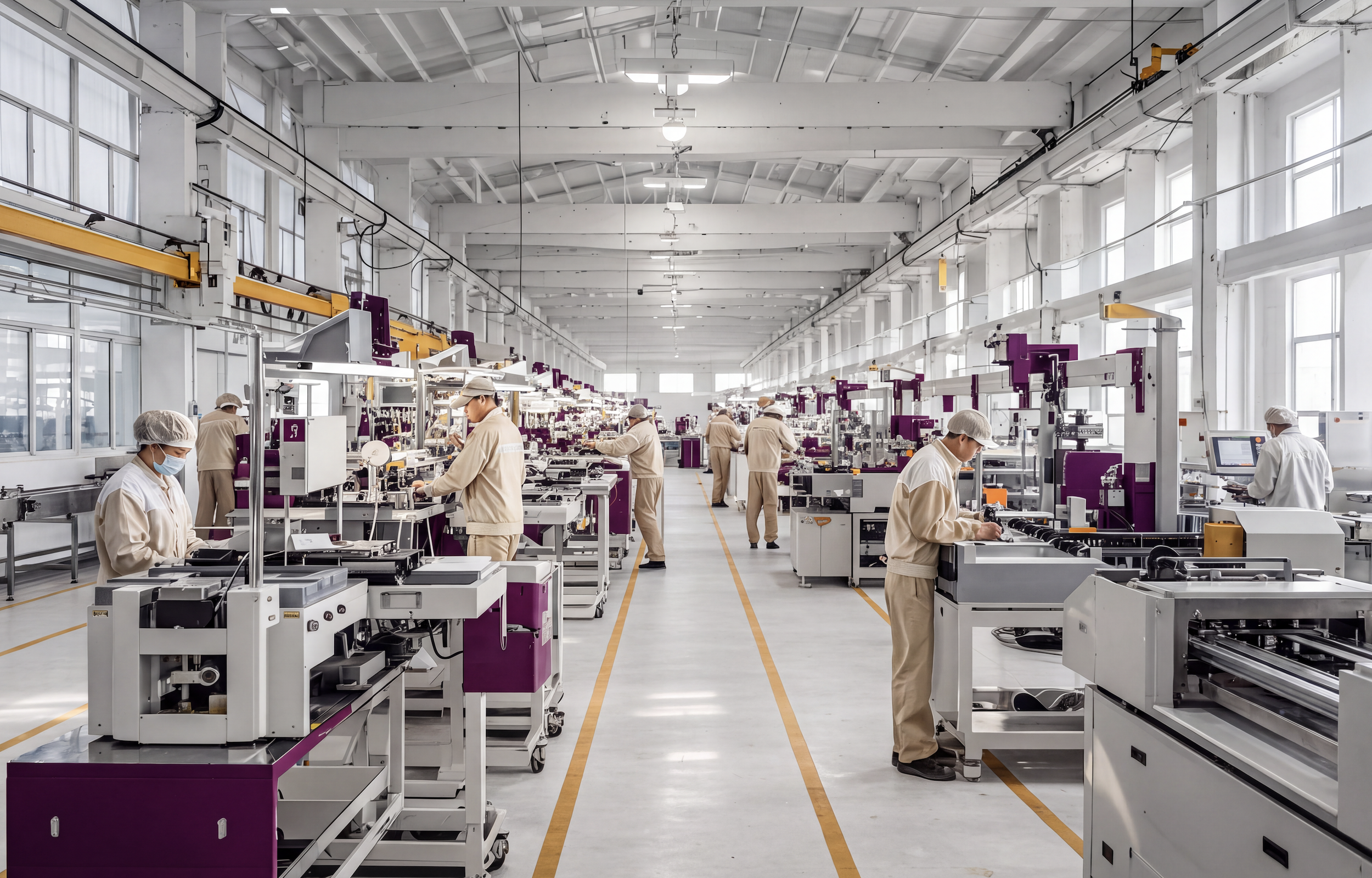 Workers in lab coats and hair coverings working on manufacturing equipment in a large, bright industrial factory with high ceilings, windows, and overhead lights.