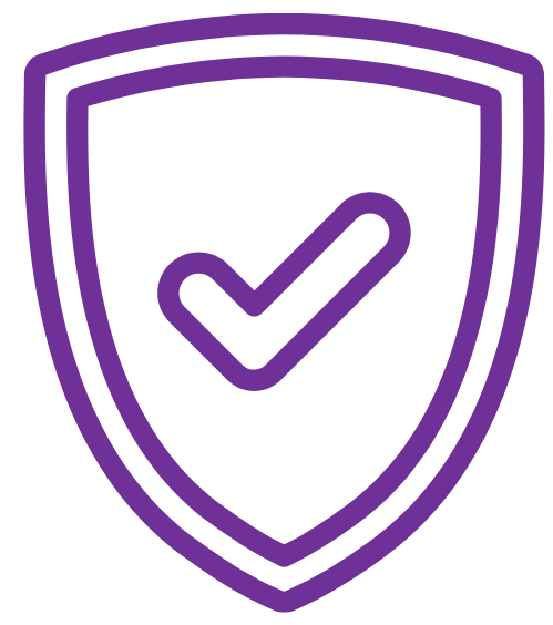 Purple checkmark inside a shield outline, symbolizing security or protection.