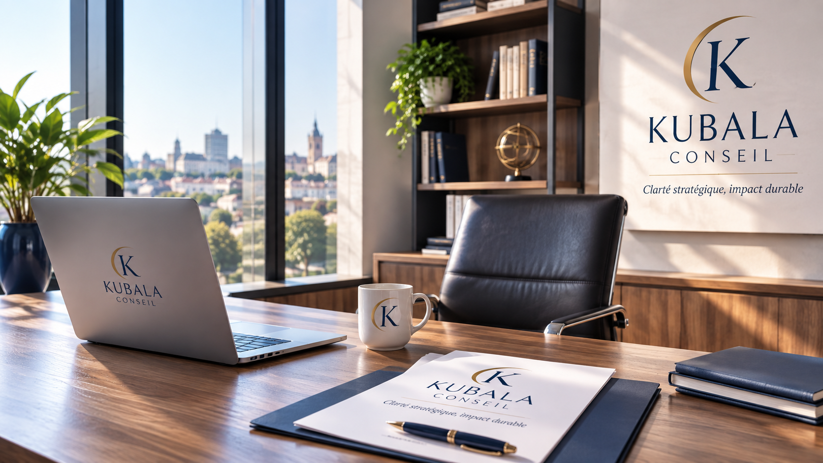 Bureau moderne avec une table en bois, un ordinateur portable et une tasse, situé près d'une grande fenêtre avec vue sur la ville. Le bureau affiche le logo et la bannière de Kubala Conseil, avec des étagères contenant des livres et des décorations.
